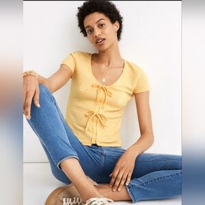 Madewell Gingham Bow Front Yellow Tee